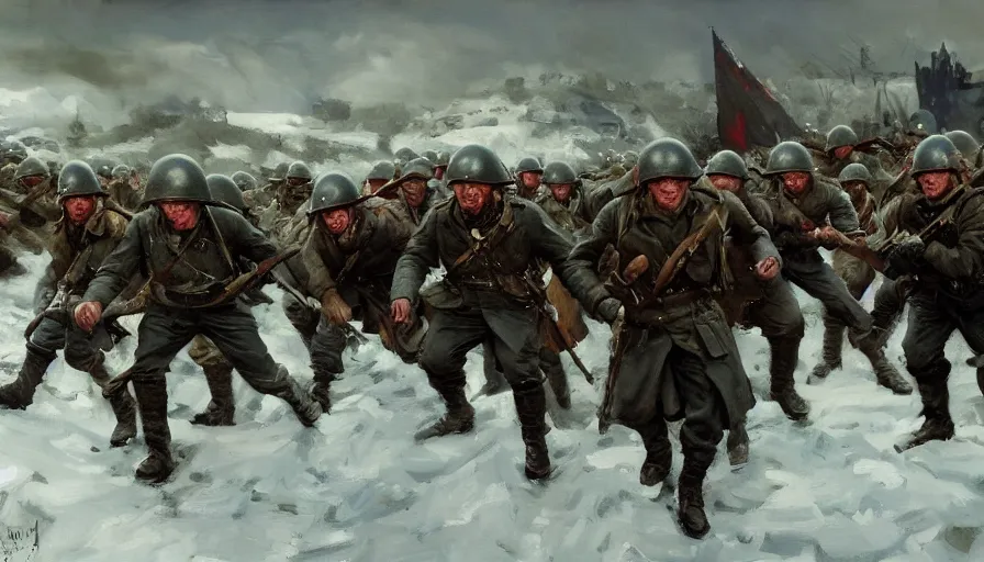 Prompt: Intense vibrant film still of Calvary charging at a army of orcs , snowy blizzard WW2 Normandy Foy Arnhem 1944, oil painting by John Singer Sargent, Adrian Smith, Greg Rutkowski, Trending on Artstation