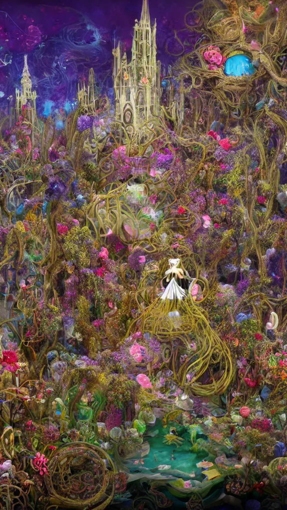 Image similar to a centered render of intricate modular synthesizer of alice in wonderland, shining its light across a tumultuous sea of flowers, undersea animals and gothic crystal church by dorothea tanning and salvador dali, trending on artstation, cyber punk, high contrast, unreal engine, high detailed, 8 k