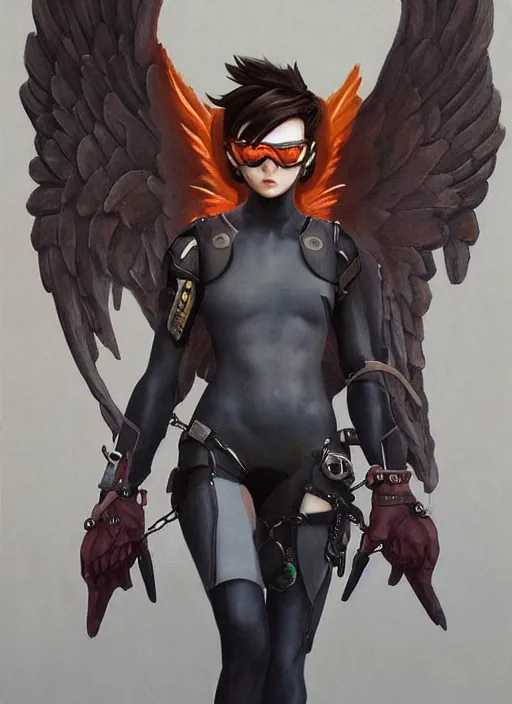 Prompt: full body artwork of tracer overwatch wearing leather collar in style of zdzisław beksinski, angel wings, dramatic painting, symmetrical composition, wearing detailed leather collar, black shiny armor, chains, black harness, detailed face and eyes,