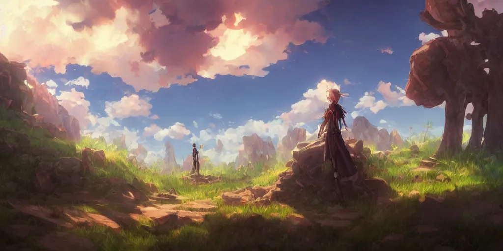 Image similar to isekai masterpiece by mandy jurgens, irina french, rachel walpole, and alyn spiller of an anime woman standing tree log looking up at giant crystals, high noon, cinematic, very warm colors, intense shadows, ominous clouds, anime illustration, anime screenshot composite background