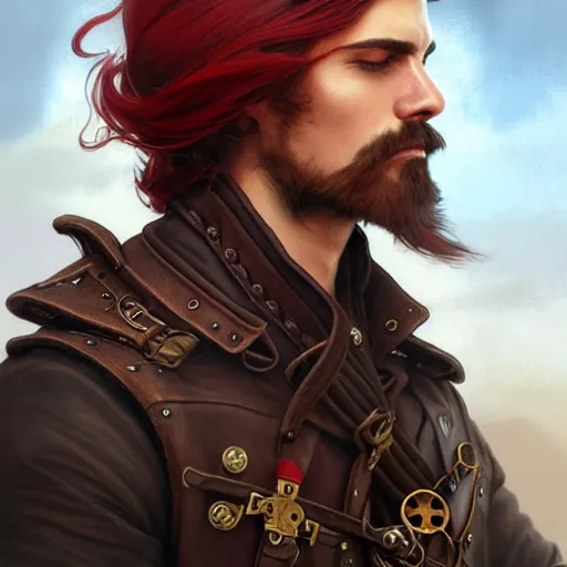 Image similar to male airship pirate, D&D, handsome, side profile, fantasy, intricate, long hair, leather coat, airship, steampunk, red hair, elegant, highly detailed, digital painting, artstation, concept art, smooth, sharp focus, illustration, art by artgerm and greg rutkowski and alphonse mucha