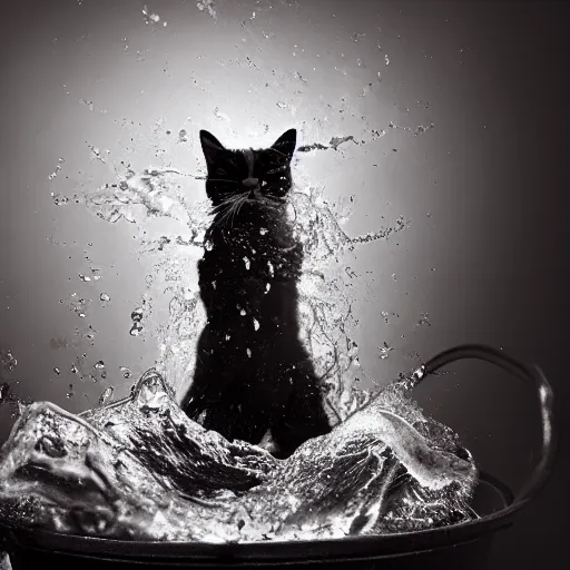 Image similar to a cat being thrown into a bucket of water, photography, chaotic,