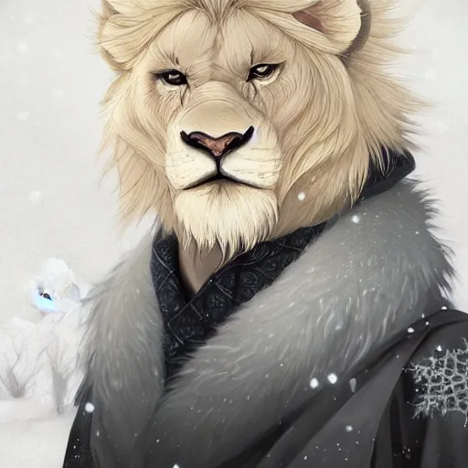 Prompt: aesthetic half body portrait commission of a albino male furry anthro lion wearing a Kimono, detailed face , hyperdetailed, snowy winter atmosphere. Character design by charlie bowater, ross tran, artgerm, and makoto shinkai, detailed, inked, western comic book art, 2021 award winning painting