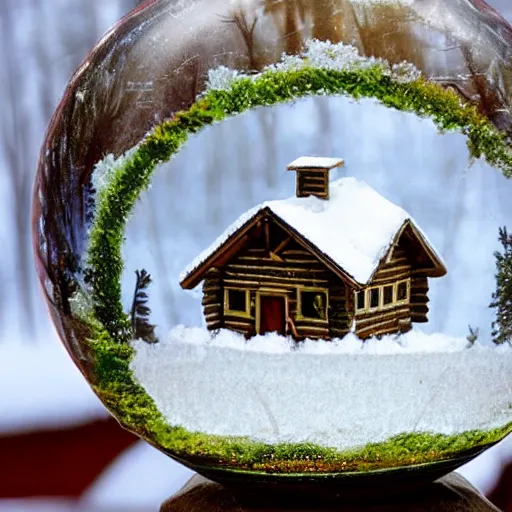 Prompt: A snowglobe on display with a log cabin inside.