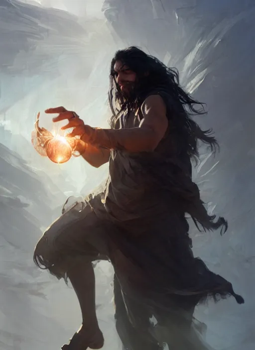 Image similar to side profile of a man with long black hair in brown rags holding a magical orb, fantasy, intricate, sharp focus, lens flare, bloom, illustration, highly detailed, digital painting, concept art, matte, art by ruan jia and wlop and greg rutkowski, masterpiece