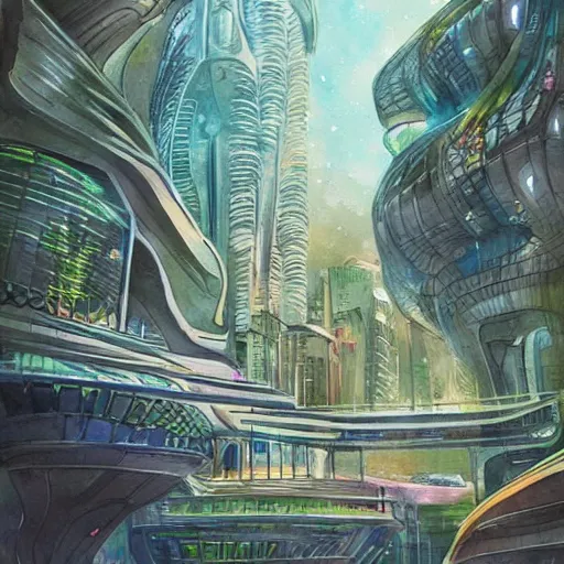 Image similar to Beautiful happy sci-fi city in harmony with nature. Nice colour scheme, soft warm colour. Beautiful detailed watercolor by Lurid. (2022)