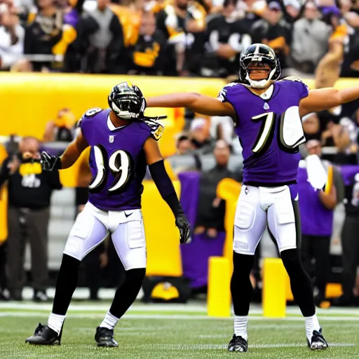 Prompt: baltimore ravens standing on top of pittsburg steelers