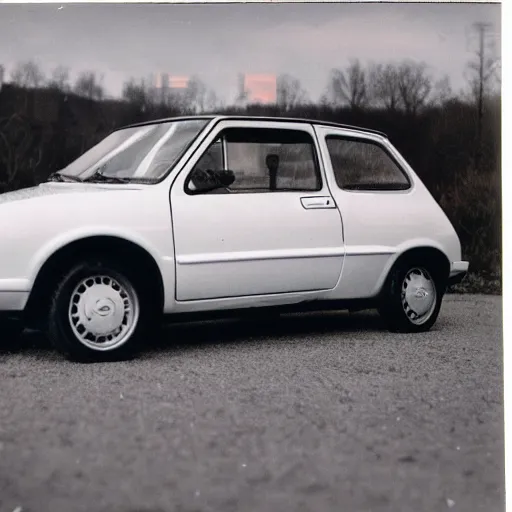 Prompt: a fiat uno in front of thousands of tesla vintage scratched white borders polaroid photo. many tesla electric cars in the background