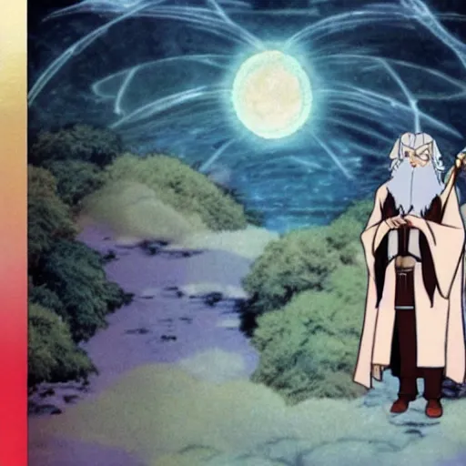 Prompt: gandalf in an 80\'s anime world, incredibly detailed, ultra realistic, satoshi kon