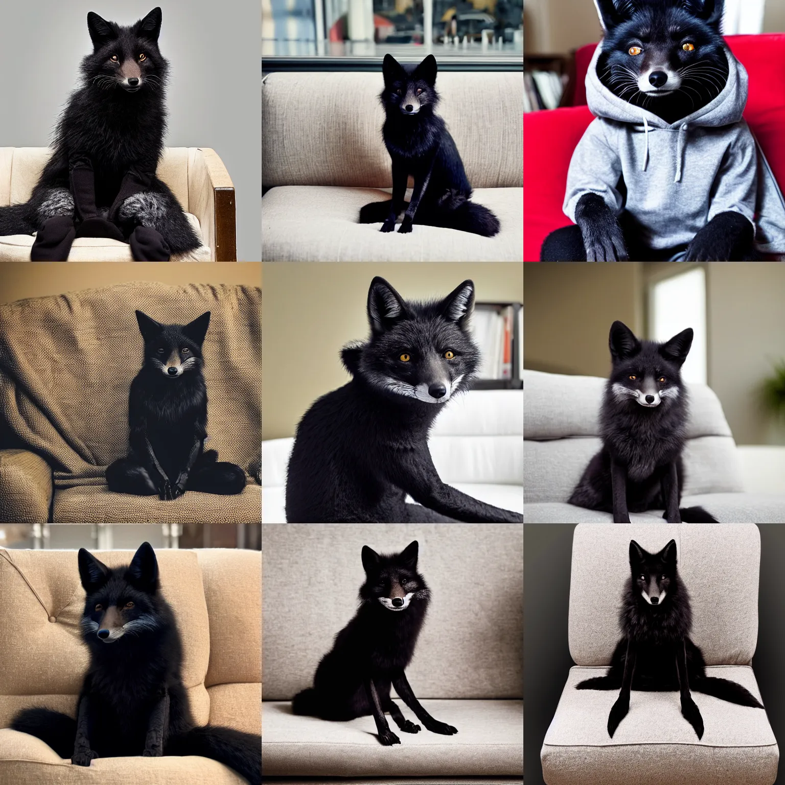 Prompt: “a black fox wearing a hoodie, sitting cross-legged on a couch, looking into the camera, smiling
