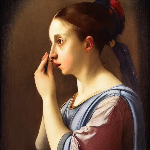 Image similar to colored portrait. a very unique watercolor painting profile, 3 / 4, medium shot. a straight and long nose, and huge prominent eyes. she is looking at the mirror and crying. old photograph. sharp image. academicism, highly detailed, color harmony, art station, ornate, caravaggio style. old photography