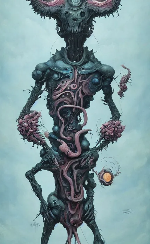 Prompt: a biomorphic painting of a warrior with edgy armor and eyeballs in it, a surrealist painting by Nychos, by Peter Mohrbacher, by Beksinski, pastel blues and pinks, featured on artstation, metaphysical painting, oil on canvas, fluid acrylic pour art, airbrush art,