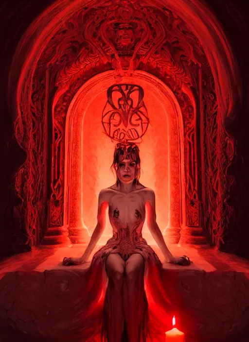 Image similar to portrait of a beautiful demon in a flowing dress made of blood, carving glowing bloody runes into a profane altar, intricate, glowing, runes, portal to hell, elegant, highly detailed, digital painting, artstation, concept art, smooth, sharp focus, illustration, art by wlop, mars ravelo and greg rutkowski