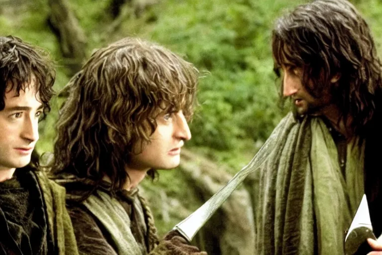 Image similar to Film still of Alan Rickman as Aragorn and Daniel Radcliffe as Frodo in the movie Lord of the Rings