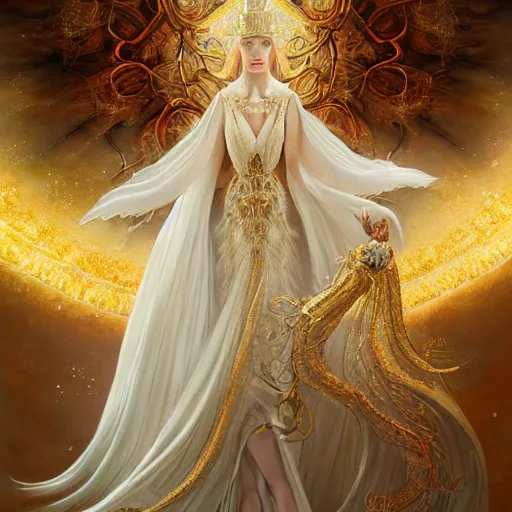 Image similar to a beautiful woman wearing a white dress made of silk, and a crown made of golden ornaments and diamonds jewelry by alex gray and android jones, karol bak, ayami kojima, amano, concept art, character design, fantasy, 3 d, 8 k resolution
