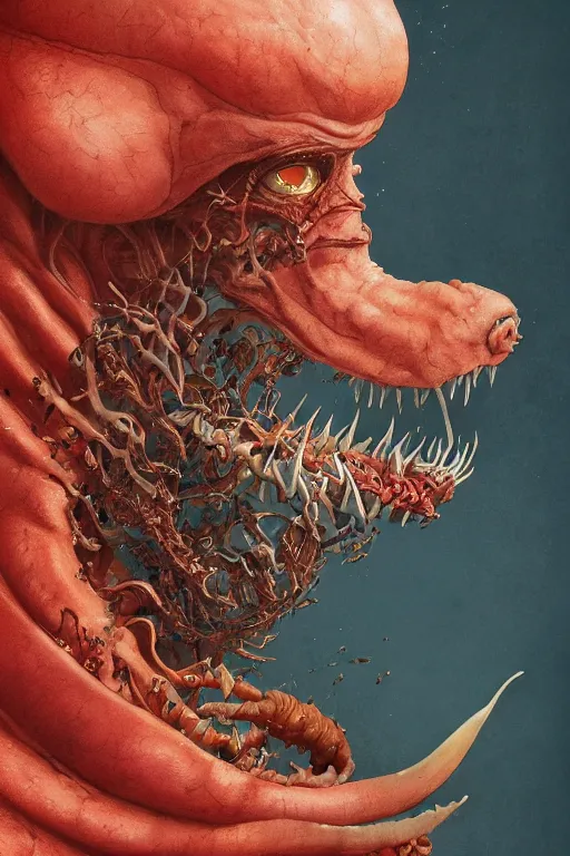 Image similar to a portrait of a parasite japanese devil animal illustrated by miyazaki by karol bak, james jean, tom bagshaw, rococo, sharp focus, trending on artstation, cinematic lighting, hyper realism, octane render, 8 k, hyper detailed, vivid, ultra detailed, highly detailed