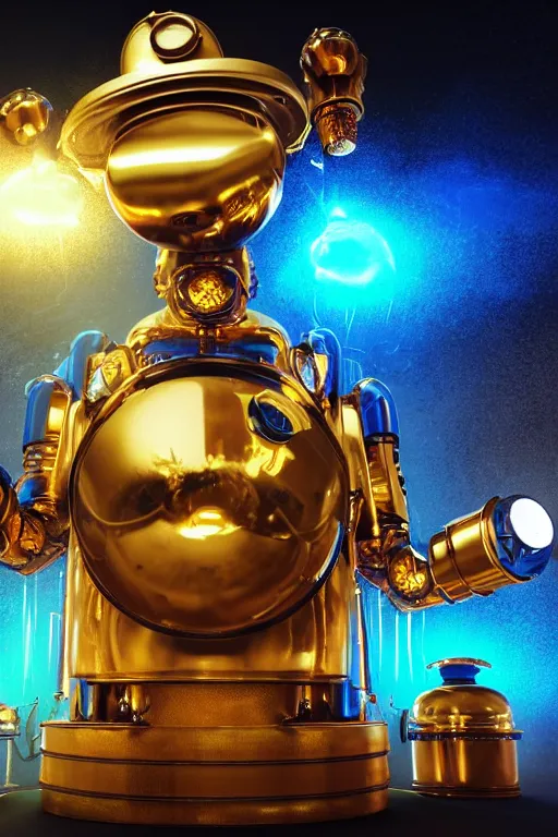 Prompt: portrait photo of a huge golden and blue metal steampunk robot wearing a big chef hat, with steaming pots and pans and tubes, eyes are green lights, shiny crisp finish, 3 d render, 8 k, insaneley detailed, fluorescent colors, background is multicolored lasershow