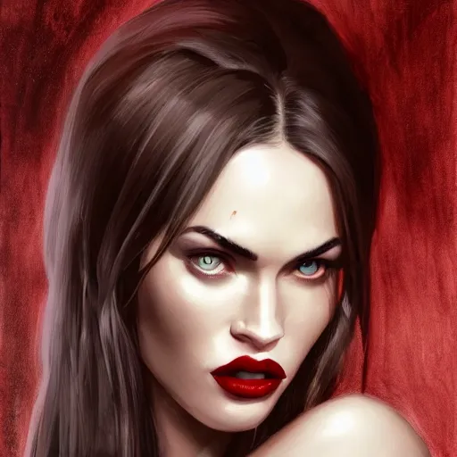Prompt: portrait of megan fox, sexy muscular upper body in bloody business suit, blood red eyes, vampire fangs, fantasy, intricate, elegant, highly detailed, digital painting, artstation, concept art, matte, sharp focus, illustration, art by aenaluck and roberto ferri and greg rutkowski, epic fantasy, digital painting