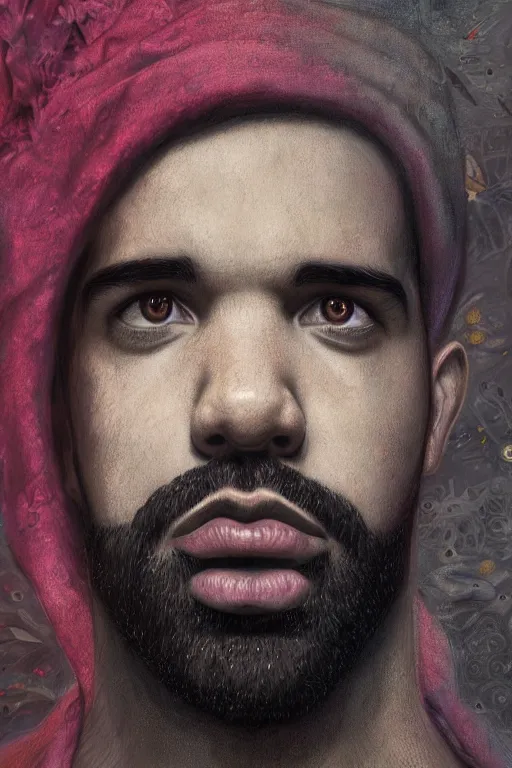 Image similar to portrait of drake by mahmoud farshchian, mia brownell, very detailed, maximalism, ambient occlusion, volumetric light, atmospheric haze, hyper realism, cyberpunk shading, cinematic composition, realistic render, photorealistic, wide shot