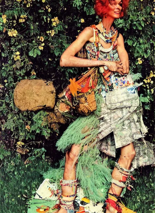 Prompt: a 1 9 6 0 portrait by norman rockwell of a hippie gogo woman ultra defined features wearing a cargo weeding dress designed by balenciaga