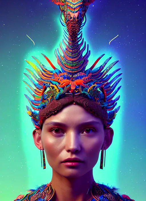 Image similar to a wlop 3 d portrait of a goddess, 8 k micro details beautiful intricate highly detailed quetzalcoatl skull and feathers. bioluminescent, fire, snow, thunderstorm! artwork by tooth wu and wlop and beeple and greg rutkowski, trending on artstation,