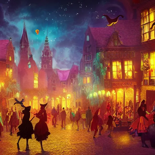 Prompt: A bustling magical town with witches and black cats dancing around a colorful music festival in its center, inspired by Victorian England and Amsterdam, concept art, matte painting, trending on art station, ultra high quality, masterpiece