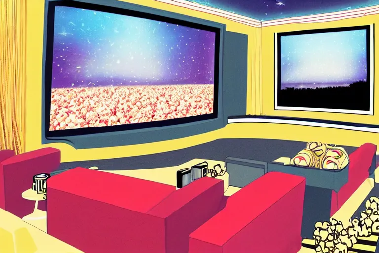 Image similar to wide view, a modern home movie theater with big screen, comfortable, stylish decor, popcorn machine!, movie posters!, very happy, interior designed by kelly wearstler, rough color pencil illustration