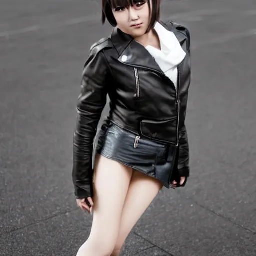 Image similar to a dynamic, epic cinematic 8K HD movie shot of a japanese young J-Pop idol girl wearing leather jacket, miniskirt, nylon tights and high heels boots. Motion, VFX, Inspirational arthouse