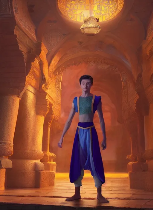 Image similar to skinny young tom holland as aladdin in the sultan's palace, cinematic lighting, path traced, highly detailed, high quality, beautiful painting, octane render, don bluth, ross tran, studio ghibli, alphonse mucha, artgerm