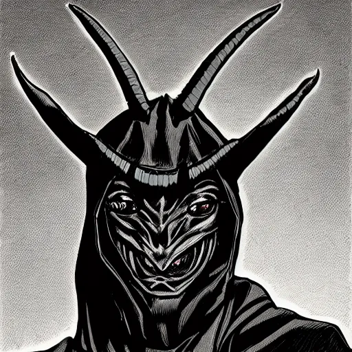 Prompt: A demonic goat man wearing a hood, art by Trevor Henderson