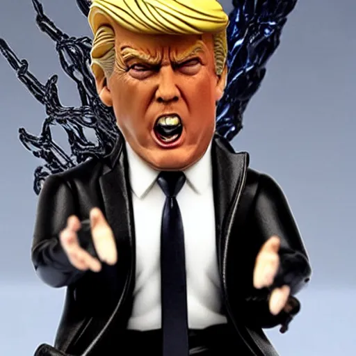 Image similar to action figure of Trump as Venom and shooting black web lines out of hair by Hasbro