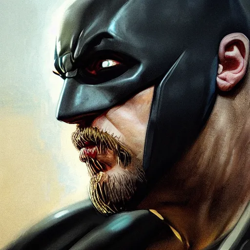 Image similar to closeup portrait of tom hardy as batman, city background, dramatic light, gorgeous view, depth, high detail, digital art, painted by greg rutkowski, trending on artstation