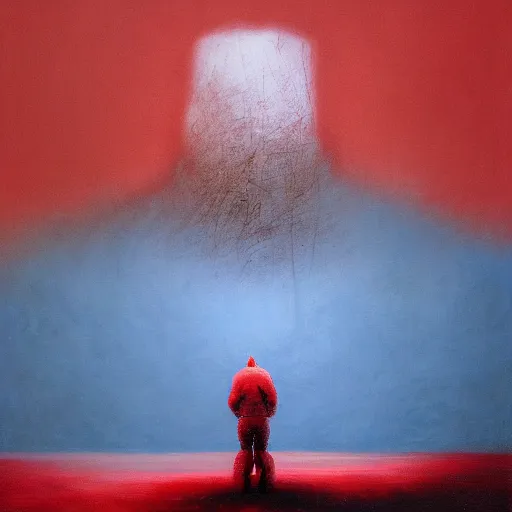 Image similar to a painting of a person standing in the snow, blizzard, a surrealist painting by zdzisław beksinski and by alena aenami, deviantart, nuclear art, dystopian art, apocalypse landscape, red color scheme, surrealist