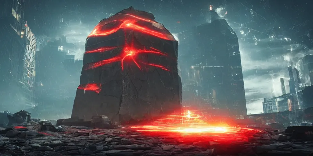 Image similar to a huge towering and broken stone tablet with red light + alien pattern, stands in the center of a prosperous city at the end of the world, and the power and energy is explode, secret, mysterious, doomsday, landscape, video game control, quantum break, arknights,