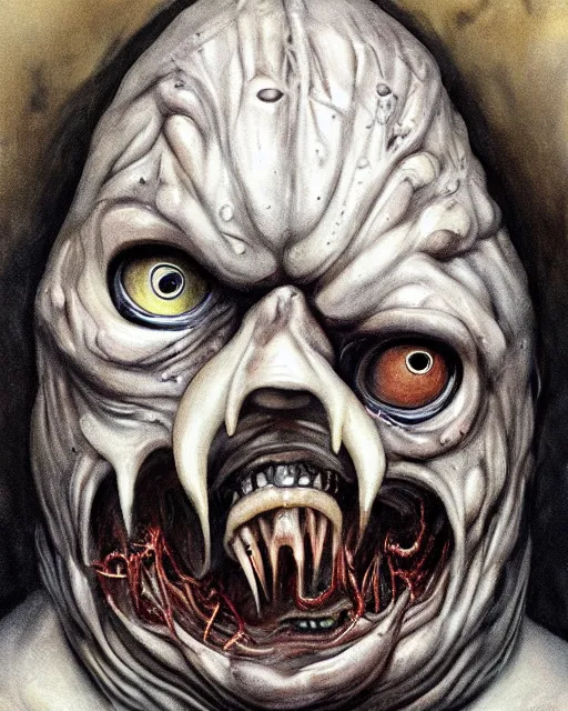 Image similar to Dark fantasy Painting of a hulking muscular EXTRATERRESTRIAL flesh creature with big bulging eyes, white milky eyeballs, skin covered in boils with fish eyes with drool dripping from its mouth, hr giger muscles, straw-like beard growing from face, disgusting, creepy, unsettling, horror, upper body, intricate, wild, highly detailed, digital painting, artstation, concept art, smooth, sharp focus, illustration, art by artgerm and greg rutkowski and alphonse mucha