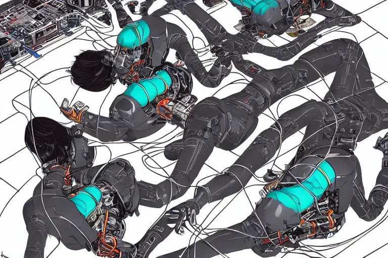 Prompt: a cyberpunk illustration of a group of three coherent female androids in style of masamune shirow, lying on an empty, white floor with their bodies broken scattered rotated in different directions and cables and wires coming out, by yukito kishiro and katsuhiro otomo, hyper-detailed, intricate