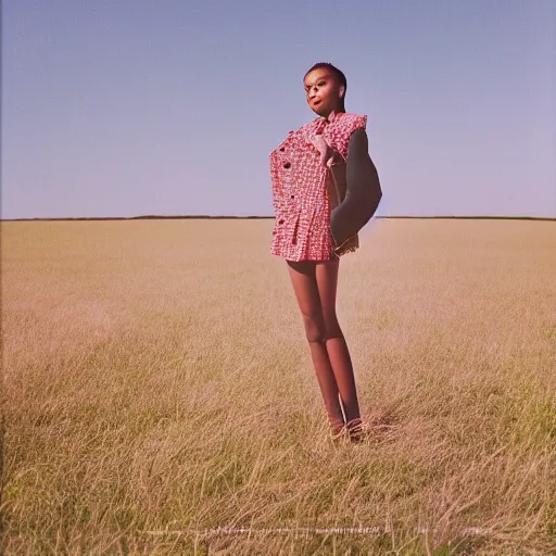 Image similar to realistic!!! photoshoot for a new dior lookbook, color film photography, portrait of a beautiful woman, location on a open field, in style of tyler mitchell, 35mm