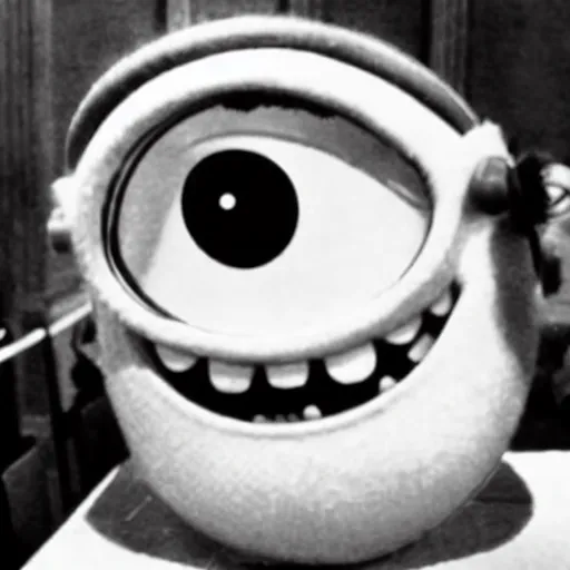 Prompt: vintage picture of mike wazowski from monsters inc at nuremberg trials