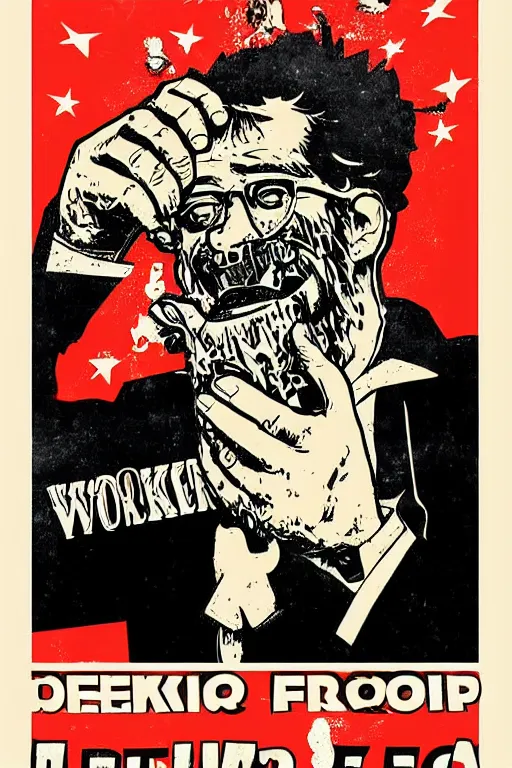 Prompt: worker revolution drinking beer and fried chicken through his head, poster propaganda art style, higly detailed