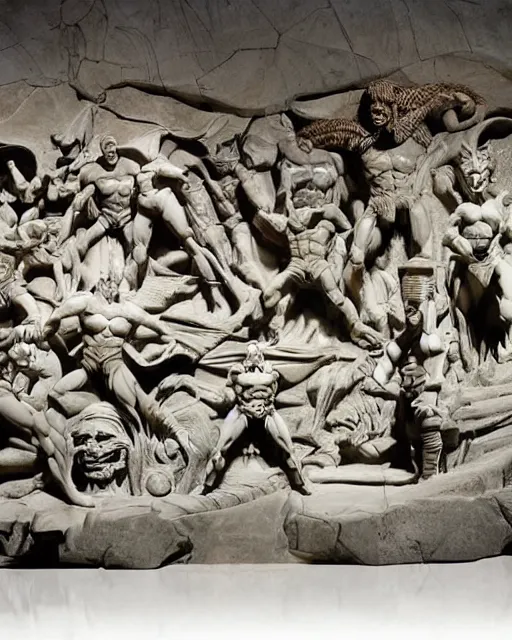 Prompt: a giant marble relief sculpture in the style The Ludovisi Battle sarcophagus depicting the Justice league battling the Legion of doom, detailed, intricate Marble sculptures of Green Lantern, the Flash, Superman, Batman, Wonder Woman, Aquaman and Martian Manhunter battling Lex Luther, Gorilla Grodd, The Scarecrow, Braniac, Solomon Grundy, Cheetah and Sinestro, all carved out of one giant Block of Marble