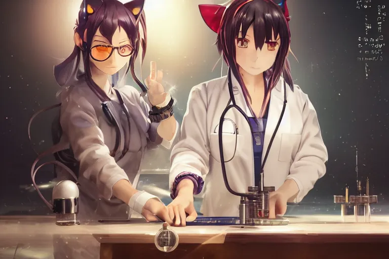 Prompt: anime neko woman scientis with cat ears wearing a lab coat looking at a measuring device on a table, highly detailed illustration, digital art, 4 k, by yoshitaka amano, by greg rutkowski, by dan mumford, beautiful face, warm lighting, atmoshpheric, trending on artstation, octane render