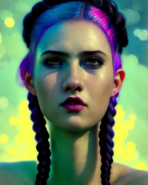 Prompt: young woman with neon hair, smirking, beautiful girl, close up portrait, moonlight, highkey, braids, realistic, serov, surikov, vasnetsov, repin, kramskoi, paint texture, uplight, insanely detailed, charlie bowater, tom bagshaw, octane rendered, unreal engine, illustration, trending on artstation, masterpiece