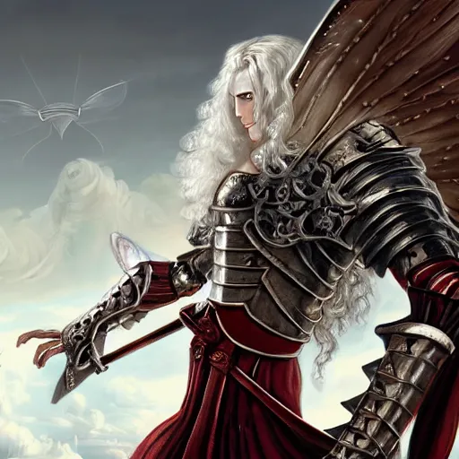 Prompt: Epic rococo painting of young man with long white hair, wearing a full medieval knight armor imitating a large moth man in white and red tones. Middle age. Castlevania, ultra-detailed. Anime, pixiv, UHD 8K CryEngine, octane render