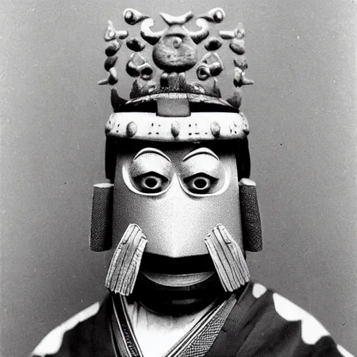 Image similar to samurai wearing a spongebob mask 1 8 0 0 s photograph