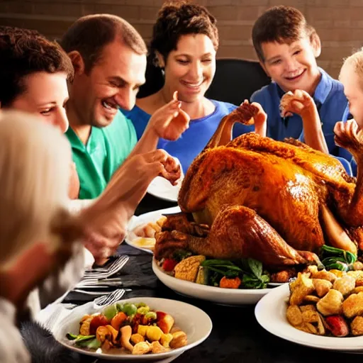 Image similar to a family sitting at a table eating thanksgiving dinner, the turkey is a monkey