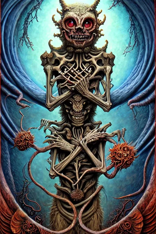 Prompt: A beautiful detailed grotesque monster super cute tarot card, by tomasz alen kopera and Justin Gerard, symmetrical features, ominous, magical realism, texture, intricate, ornate, royally decorated, mechanic, skeleton, whirling smoke, embers, red adornements, blue torn fabric, radiant colors, fantasy, trending on artstation, volumetric lighting, micro details, 3d sculpture, ray tracing, 8k, anaglyph effect, digital art