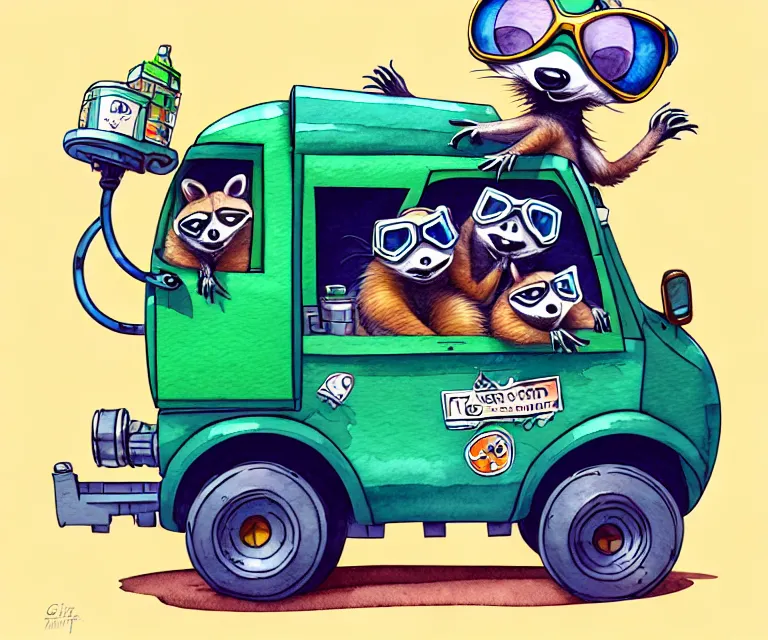 Image similar to cute and funny, racoon wearing goggles driving a tiny garbage truck, ratfink style by ed roth, centered award winning watercolor pen illustration, isometric illustration by chihiro iwasaki, edited by craola, tiny details by artgerm and watercolor girl, symmetrically isometrically centered