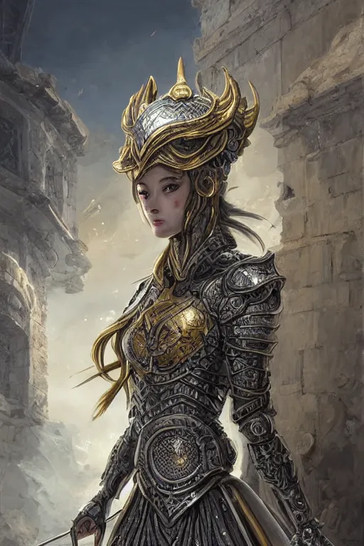 Image similar to portrait knights of Zodiac girl, metallic Silver and ice color reflected armor, in ruin Agora of Athens, ssci-fi, fantasy, intricate, very very beautiful, elegant, golden light, highly detailed, digital painting, artstation, concept art, smooth, sharp focus, illustration, art by art by tian zi and artgerm and greg rutkowski and alphonse mucha and loish and WLOP