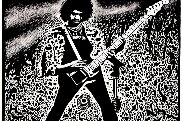 Image similar to grunge rock jimi hendrix, psychedelic concert poster, grainy, surrealist hand drawn by lynd ward, extremely detailed.