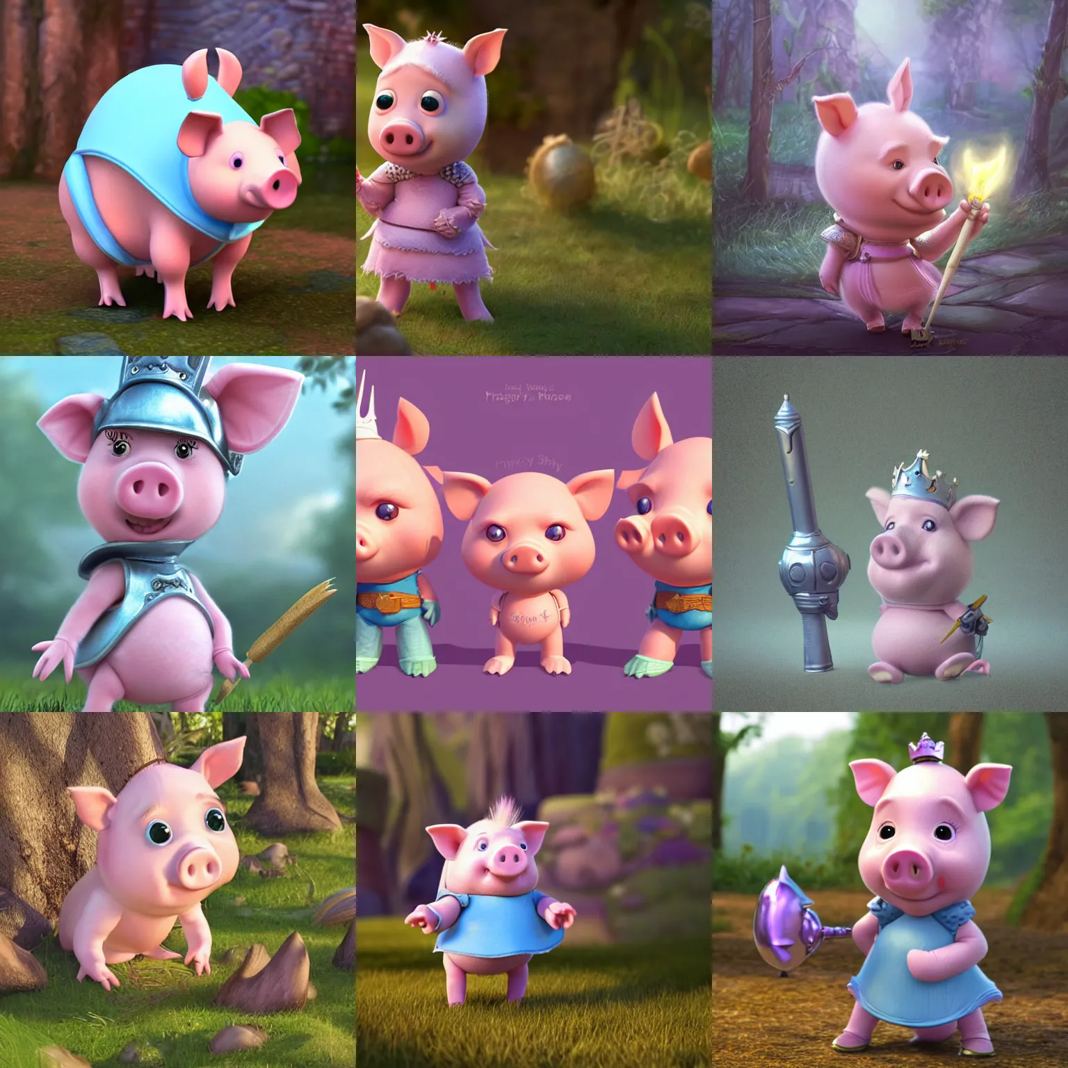 Prompt: very cute and adorable little anthropomorphic piggy knight princess, piglet, cartoon , fantasy forest, pale blue armor, cute and adorable, pretty, Dysney, Pixar style, photorealistic, 3d render, octane render, HDR, 8k, unreal engine, highly detailed, DeviantArt Artstation, by Jason Felix by Steve Argyle by Tyler Jacobson by Peter Mohrbacher, cinematic lighting